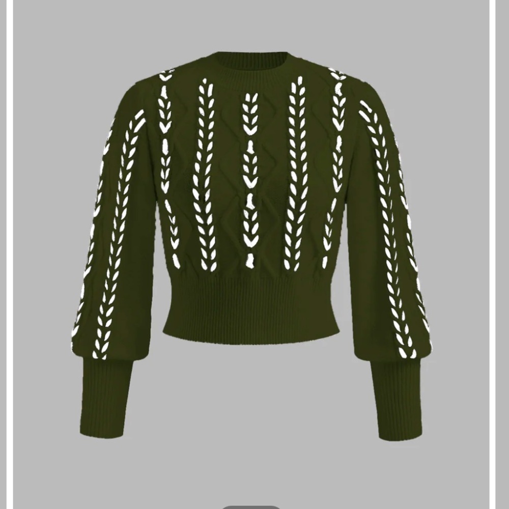 Commense Olive Green Cable Knit Crewneck Sweater with White Stitch Detail
